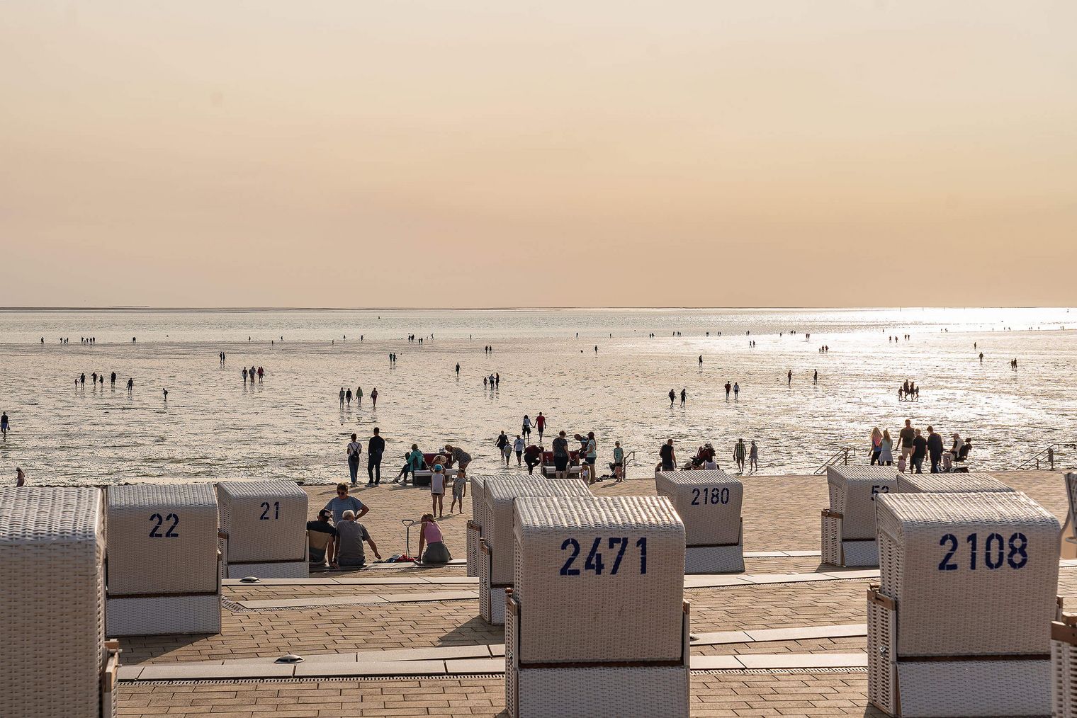 Die Watt-Tribüne am Büsumer Hauptstrand mit Strandkörben und dem Wattenmeer.