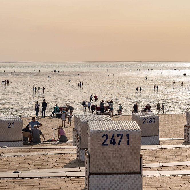 Die Watt-Tribüne am Büsumer Hauptstrand mit Strandkörben und dem Wattenmeer.