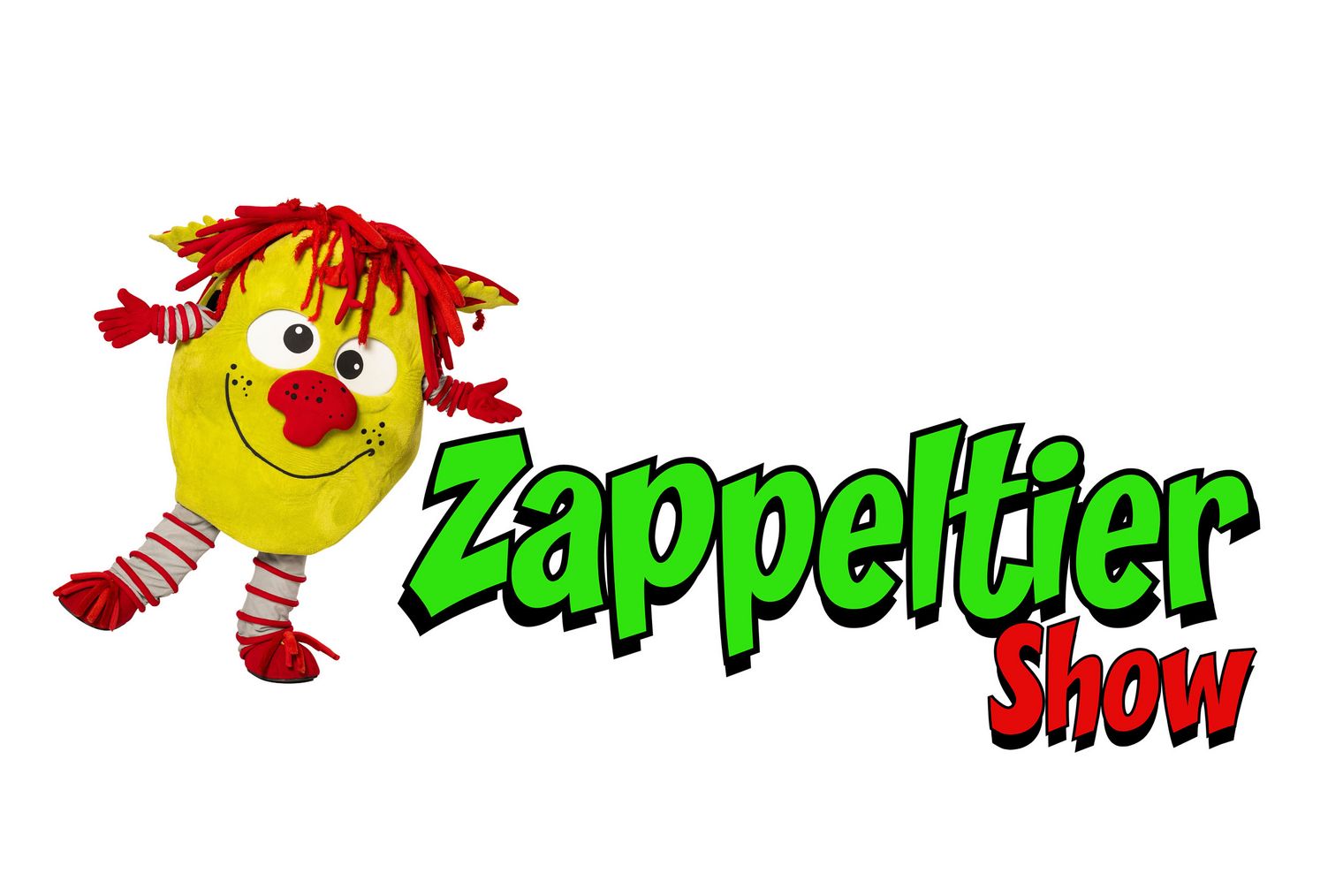 Ein gelbes Maskotchen mit großer roter Nase und daneben die Aufschrift "Zapeltier Show"
