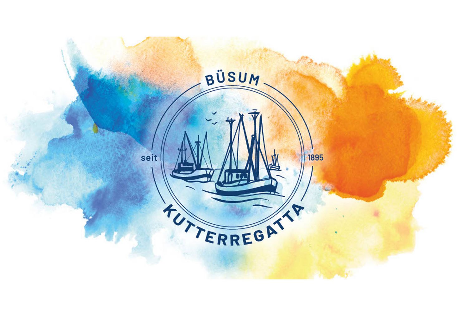 Das Logo der Kutterregatta. Ein runderkreis mit Kuttern im Kreis. Im Hintergrund sind bunte Farben. 