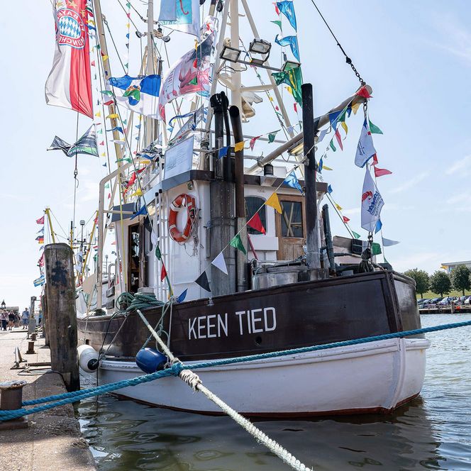 Ein geschmückter Kutter liegt während der Kutterregattatage im Büsumer Hafen.