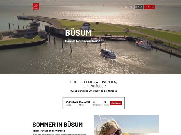 Screenshot der neuen Büsumer Internetseite www.buesum.de mit abgebildetem Sperrwerk.