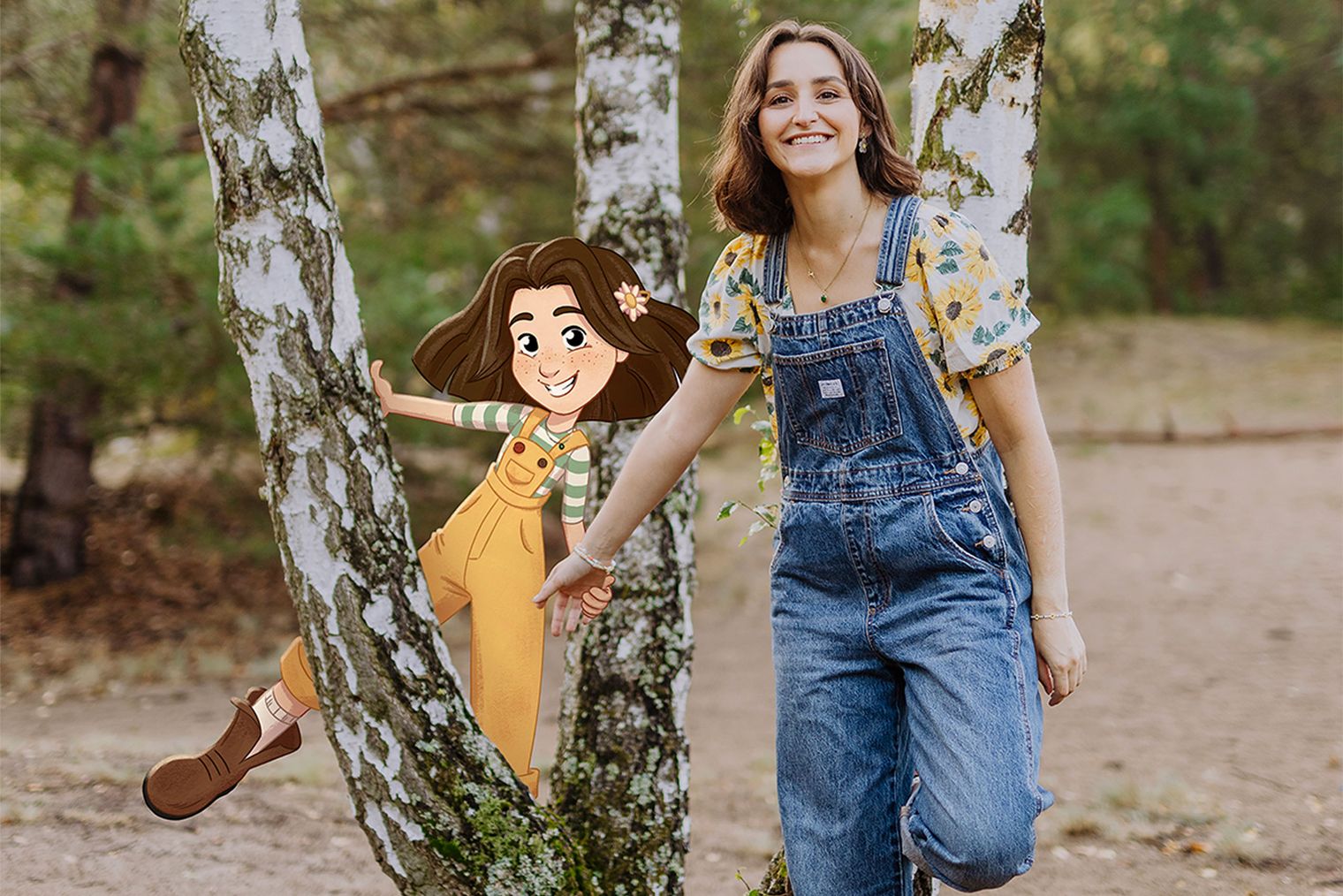 Eine Frau in Latzhose. Neben ihr ein illustrieres Mädchen in gelber Latzhose.