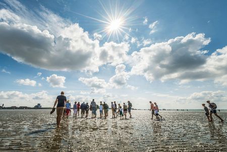 Eine Gruppe steht mit Wattführer Jan Frantzen im Watt vor Büsum.