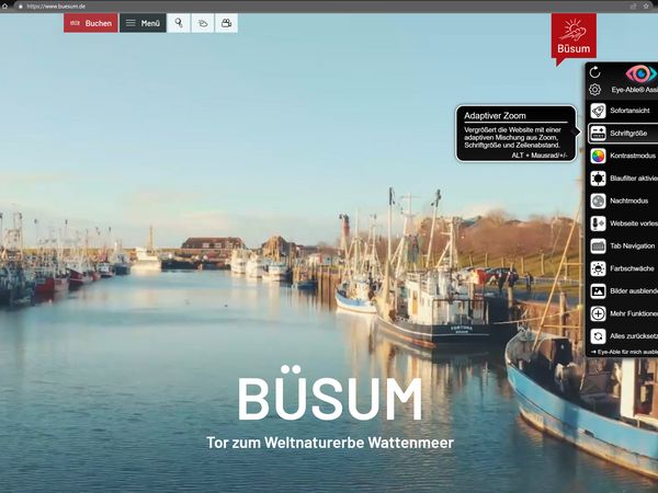 Um die Barrierefreiheit auf der Büsumer Internetpräsenz zu verbessern, wurde die Assistenzsoftware Eye-Able auf www.buesum.de integriert. 