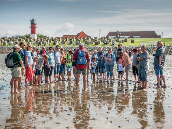 Eine Gruppe steht mit Wattführer Jan Frantzen im Watt vor Büsum.
